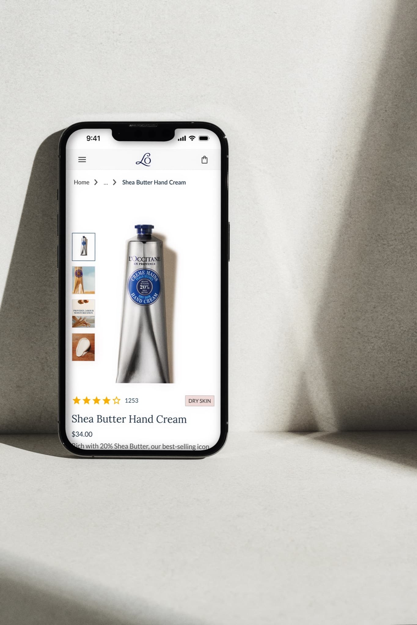 Redesigned L'Occitane product page on a phone