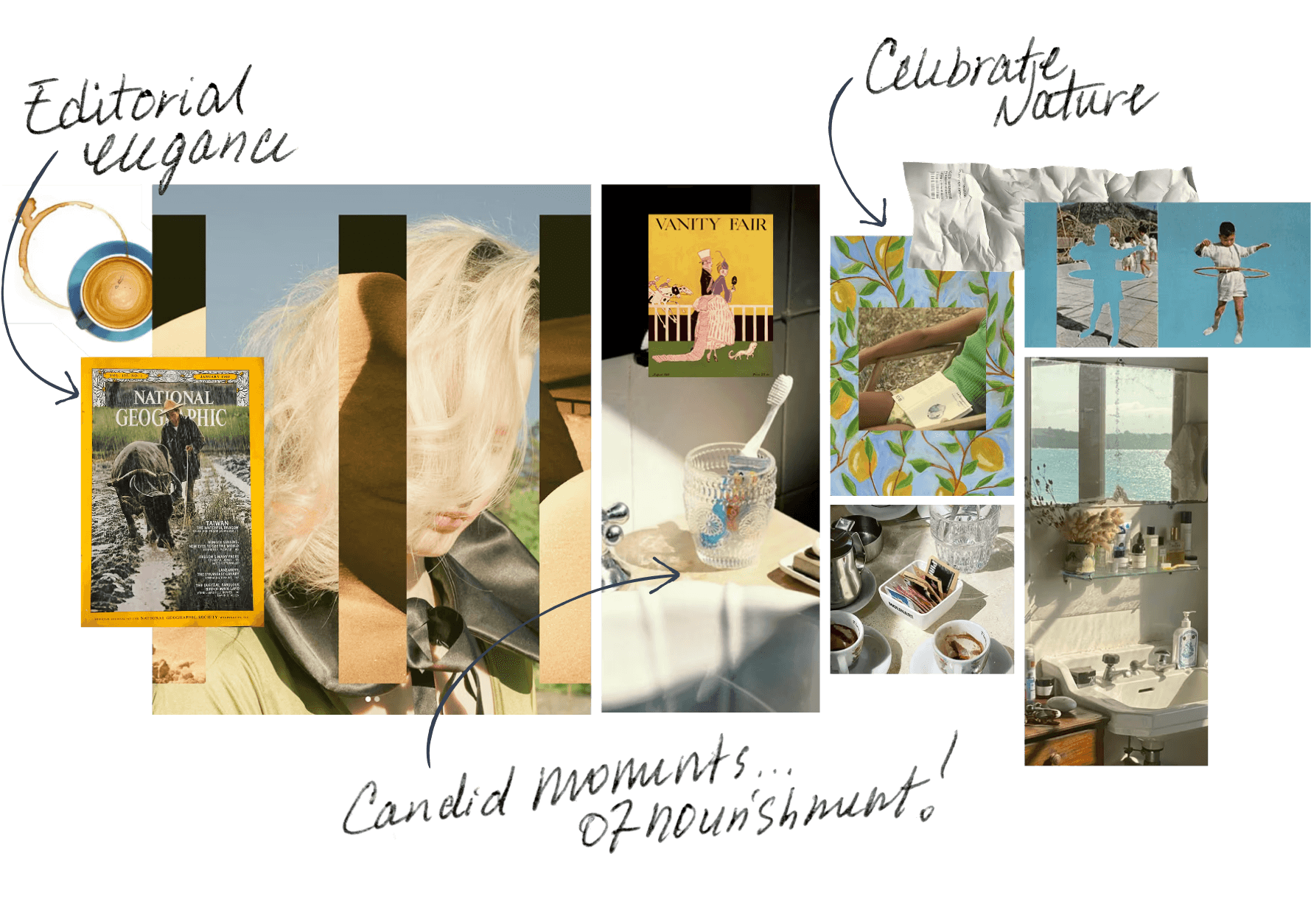 Provençal moodboard collage with handwritten notes: editorial elegance, celebrate nature, candid moments of nourishment
